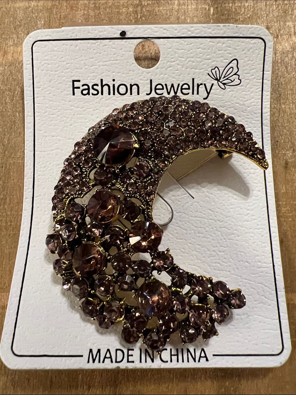 3/$18 Fashion Jewelry Gold-Tone Crescent Moon Brooch with Brown Crystals - 6072